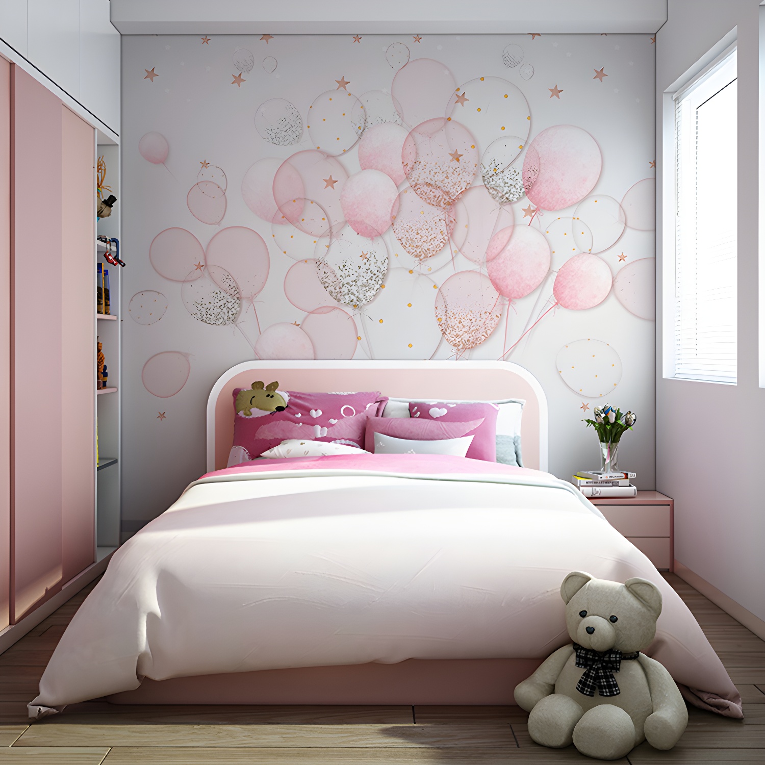 Pink Simple Mural Wallpaper Full Size Cartoon Balloon Wall Art for Girl's Bedroom
