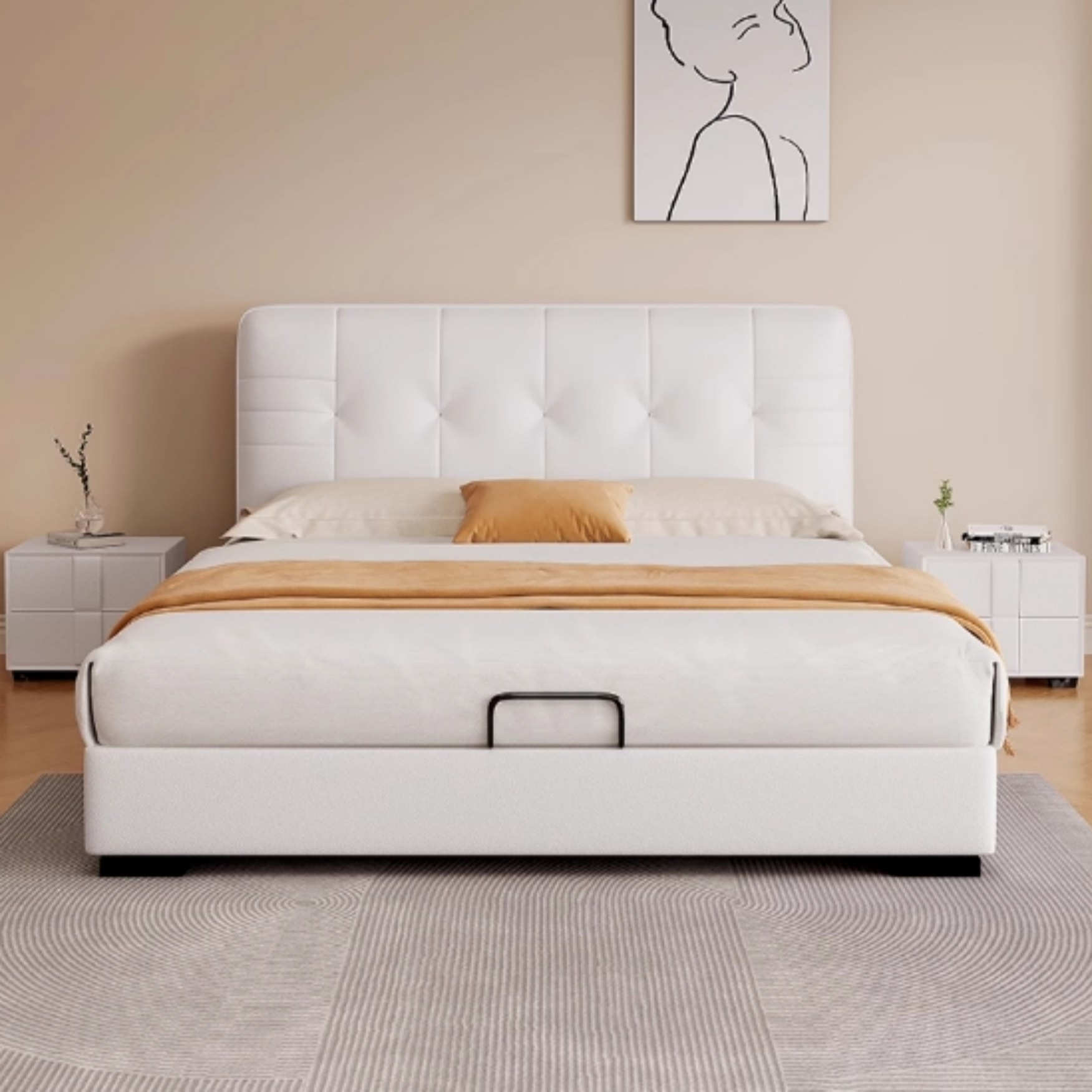 White Modish Pallet Bed Frame with Leg and Panel Headboard for Living Room