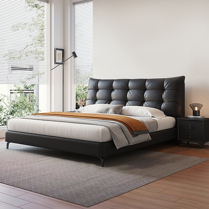 Genuine Leather Bedroom Panel Bed, Zero Gravity Bed, Rectangle, Down, Solid Colour