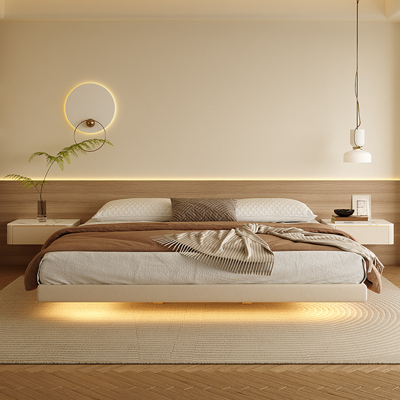 Natural Colour Floating Bed with Pop Up Storage and LED Lights for Bedroom