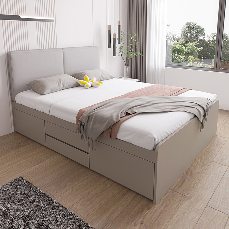 Solid Colour Natural Wood Finish Upholstered Bed with Drawer Storage, Panel Headboard, Sponge Fill, Easy Assembly