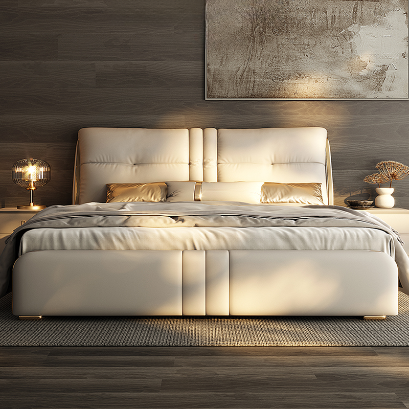 Solid Colour Light Wood Stitch-tufted Storage Panel Bed, Lumber Frame, Rectangle Headboard, Sponge Cushion, Easy Assembly