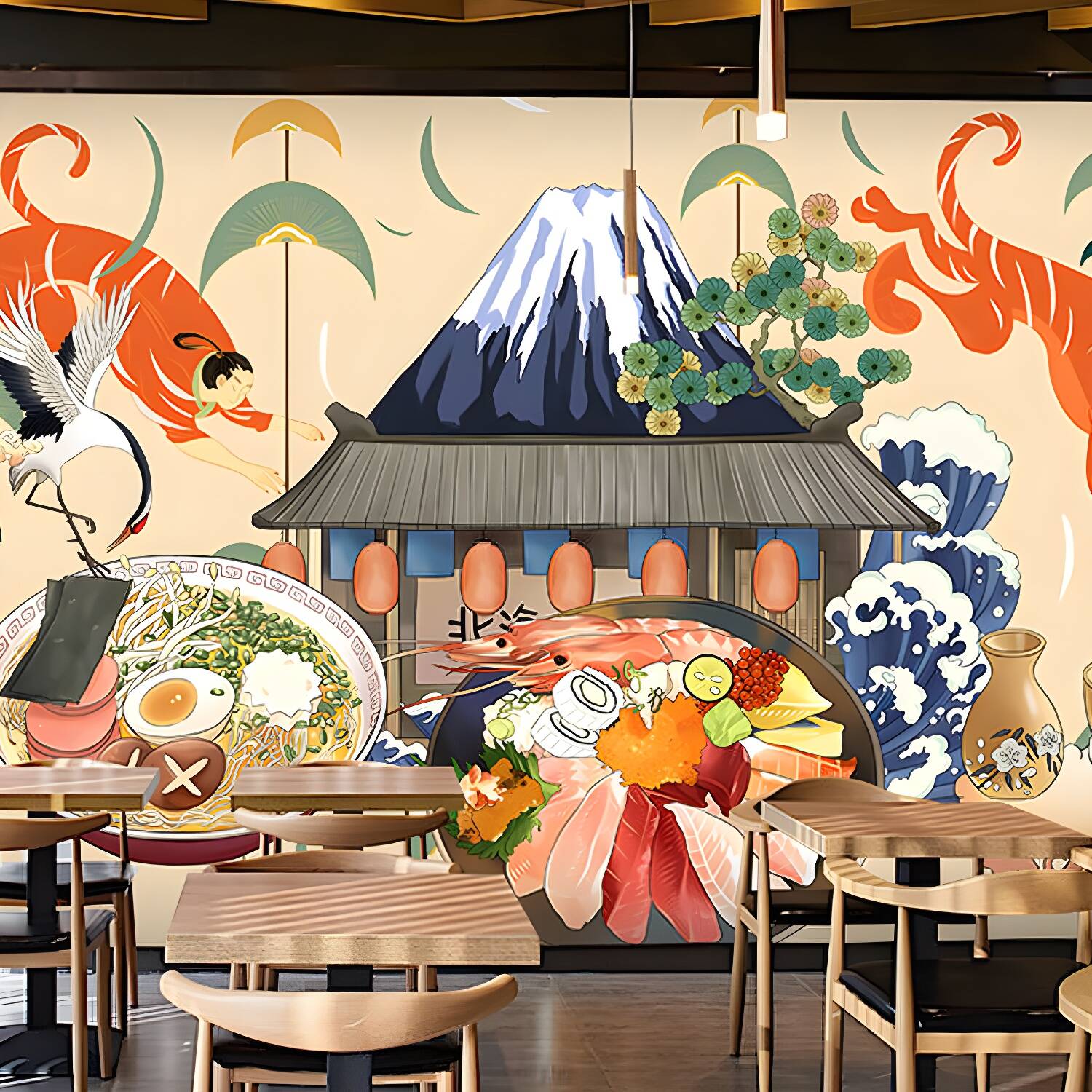 Giant Illustration Sushi Wall Art for Japanese Restaurant in Beige, Made to Measure