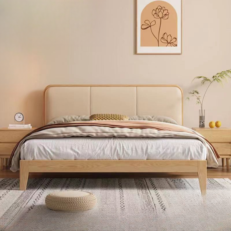 Natural Finish Casual Panel Bed with Mattress