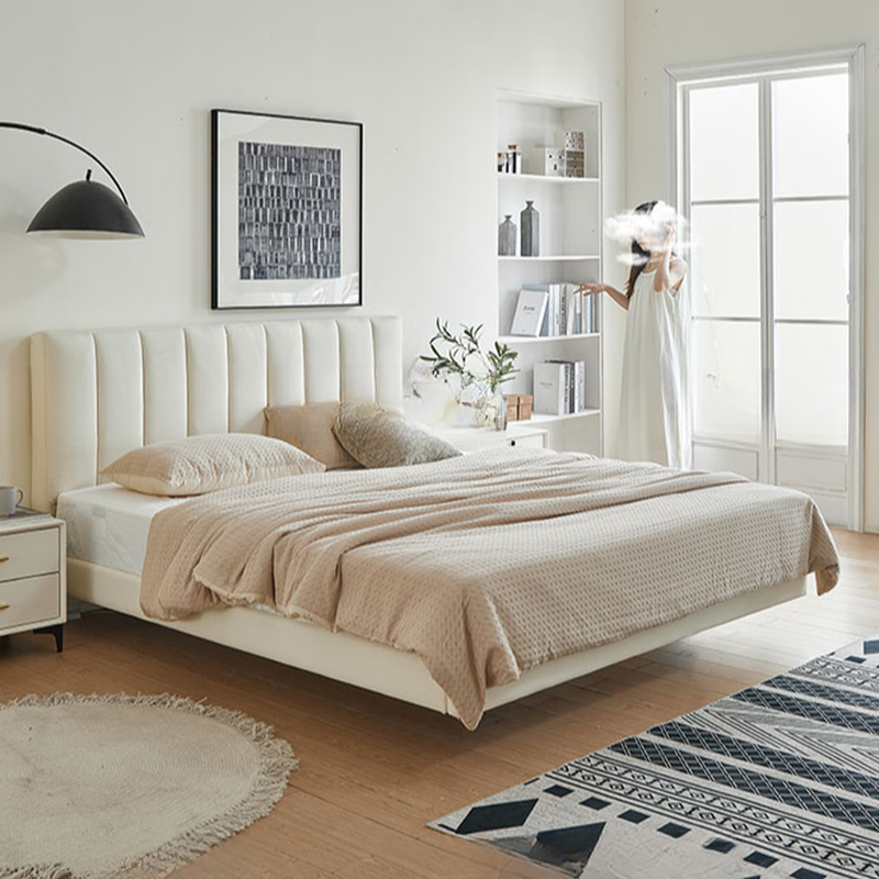 White Art Deco Panel Bed with Natural Wood Frame and Sponge Upholstery