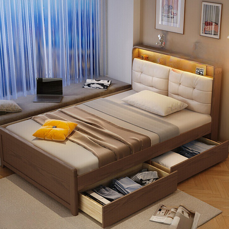 Platform Storage Bed/Panel Bed with Ash Wood Frame, Includes Mattress and Sponge Upholstery