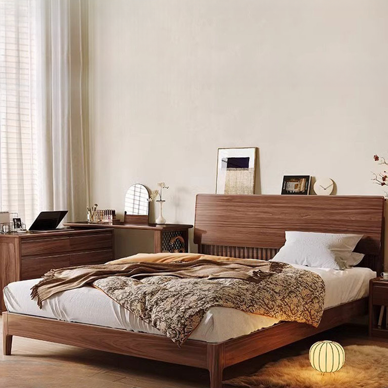 Auburn Art Deco Panel Bed with Walnut Wood Frame and USB Charging Station