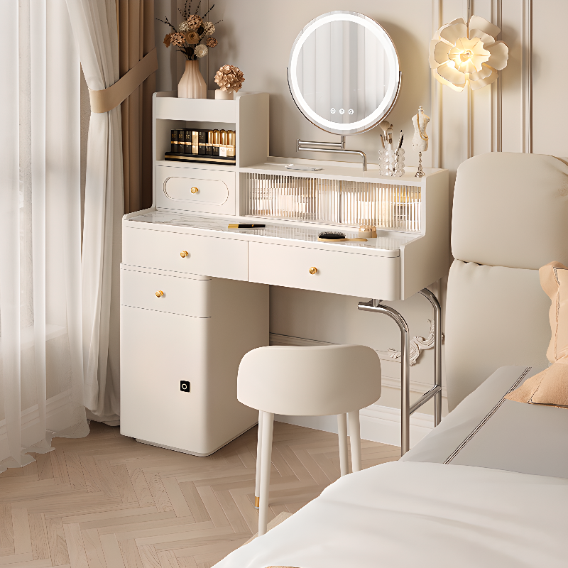 Ground Design Makeup Vanity with Door, Electrical Outlet, Sliding 2-in-1 Feature, and Tabletop Storage