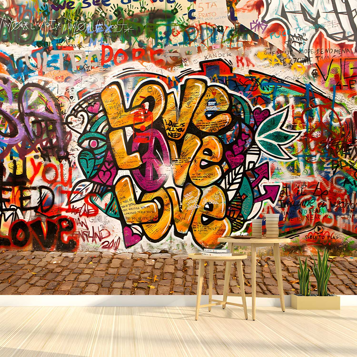 Brown and Yellow Unique Mural Personalized Size Street Painting Wall Decor for Coffee Shop