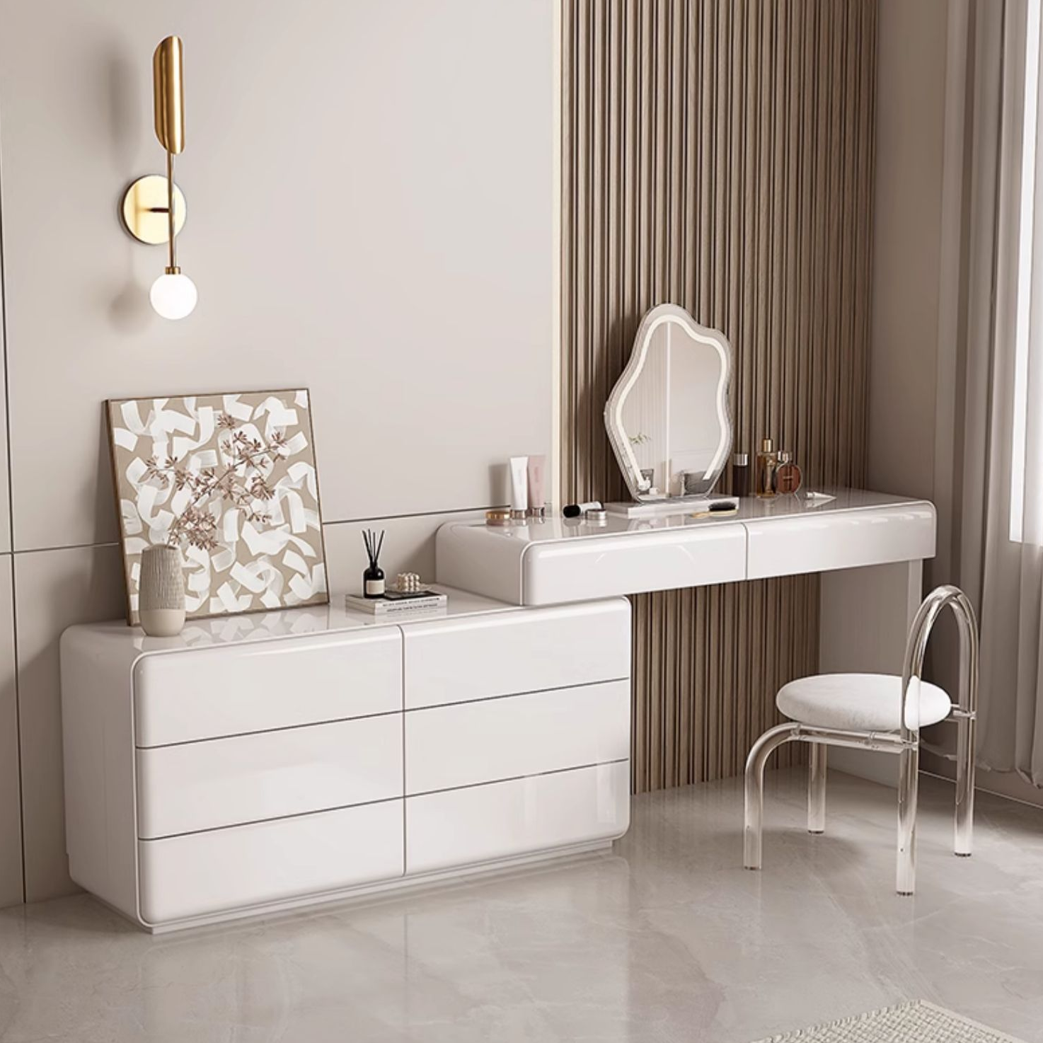L-Shape Scalable 2-in-1 Makeup Vanity with Sliding Drawers and Tabletop Storage