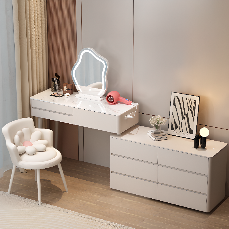 L-Shape Scalable Makeup Vanity with 9 Drawers, Electrical Outlet, Push-Pull, 2-in-1 Design, and Tabletop Storage