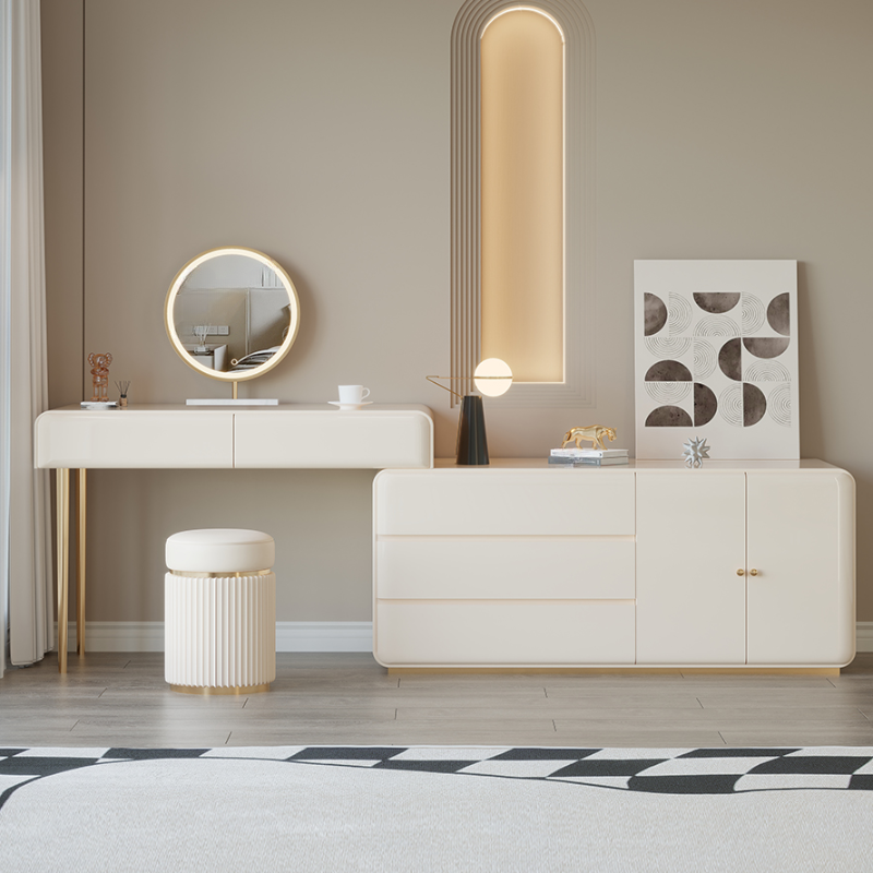 Gold Art Deco L-Shape Vanity with Door, Scalable, Sliding, 2-in-1, Tabletop Storage