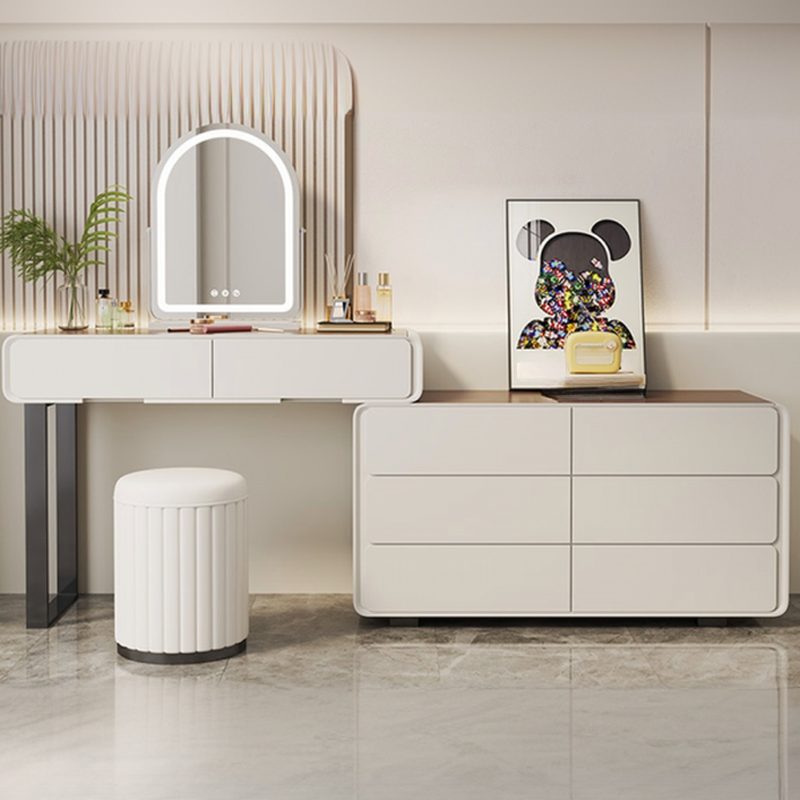 White Minimalist Lumber Large Standard Makeup Vanity with Non-Upholstered Chair(s) and 8/5 Drawers 2-in-1