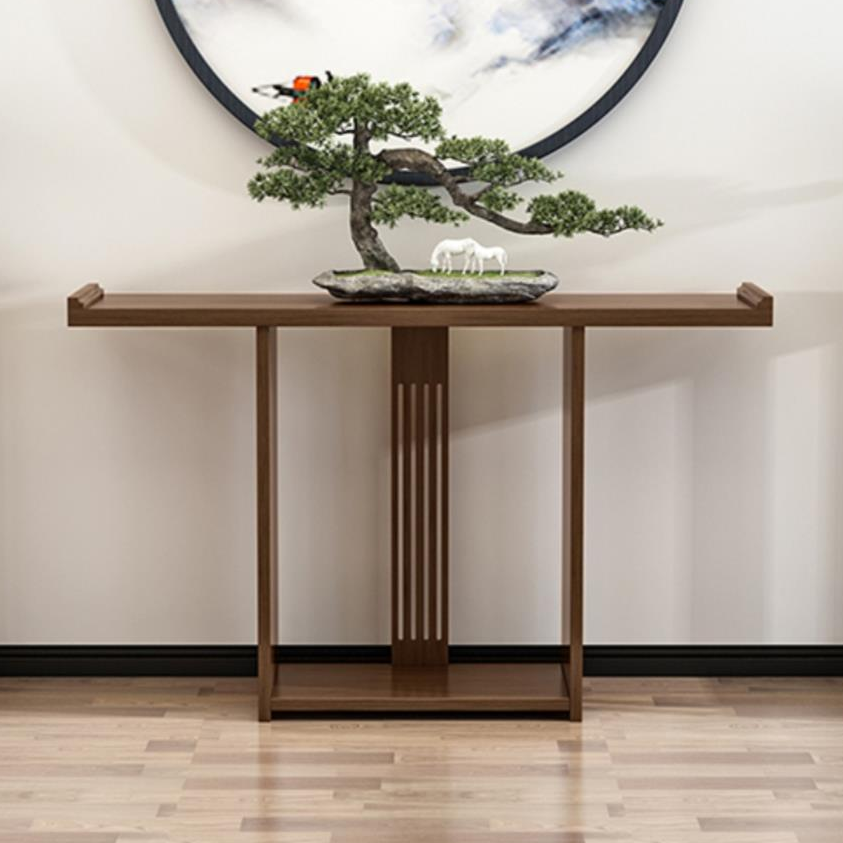 Classic Timber Console Table Desk with Floor Shelf Base, Ink/Cocoa Rectangle Top, and 1 Shelf