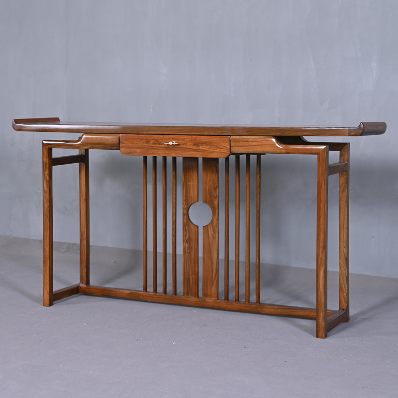 Minimalist Elm Wood Hall Table with Twin Support, Cocoa Rectangle Top, and Drawer Options