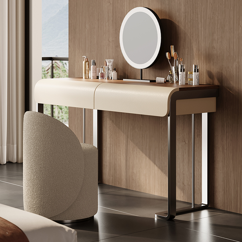 Off-White Simplistic Makeup Vanity for Sleeping Quarters with Standard Length, Wood Table Top, 2 Drawers, and Push-Pull