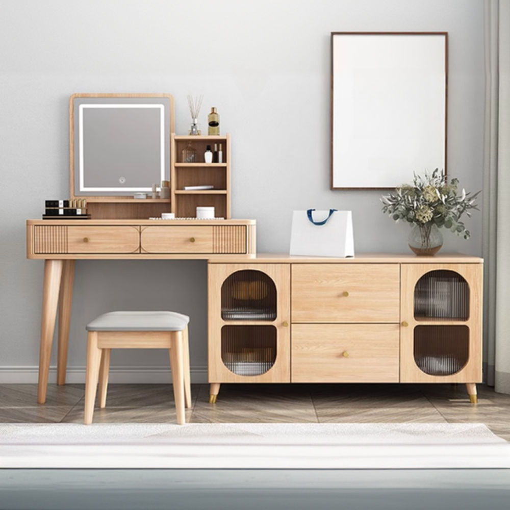 Unfinished Colour Engineered Wood L-Shape Vanity with Lighting System, Door, Scalable, Adjustable Touch and Brightness