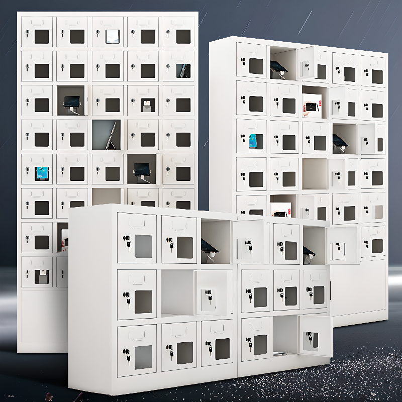 Off-White Alloy Cell Phone Lockers Partial Assembly 5-Wide or more/4-Wide with Clear Doors/Solid & 10 or More Compartments & Key