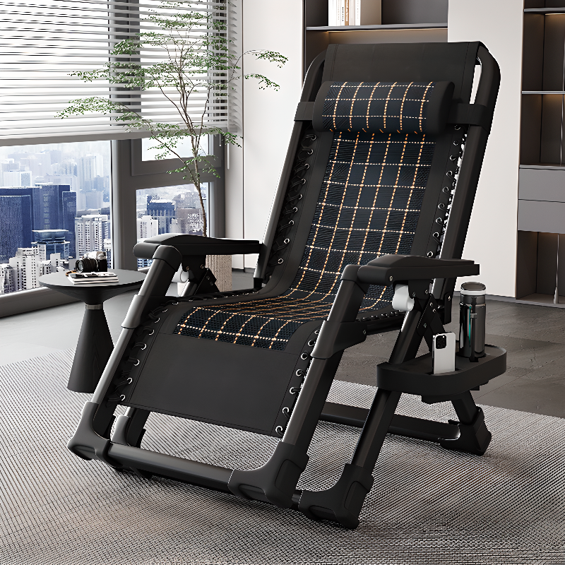 Checkered Space-saving Reclining Deck Chair with Headrest