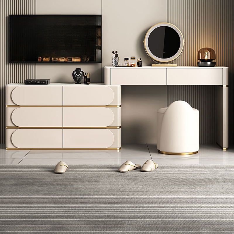 Art Deco L-Shape Vanity Set for Sleeping Room with LED Lighting, Scalable, Adjustable Touch and Brightness