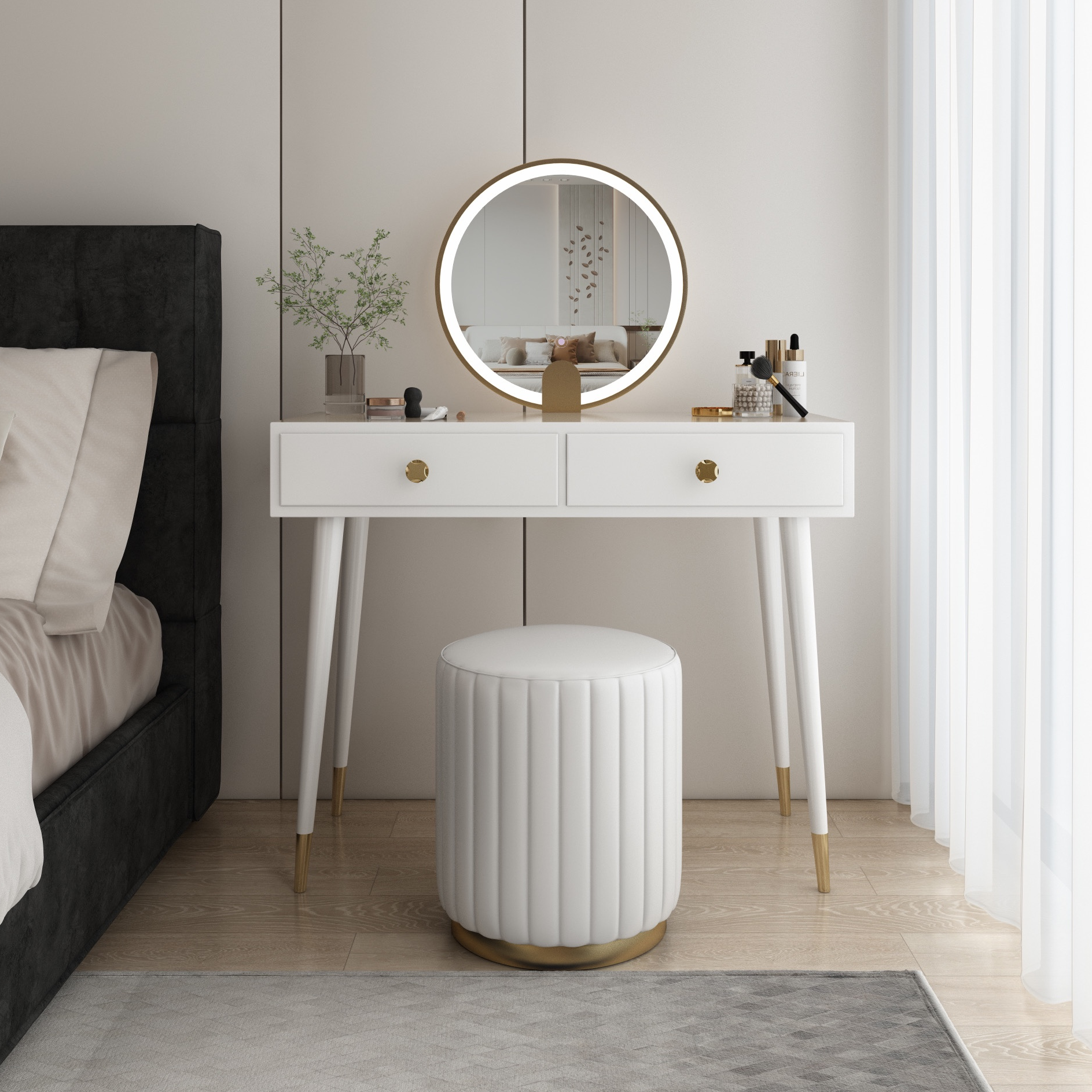 Engineered Wood Ground Makeup Vanity with LED Lighting, Push-Pull, and Adjustable Touch Brightness for Sleeping Room