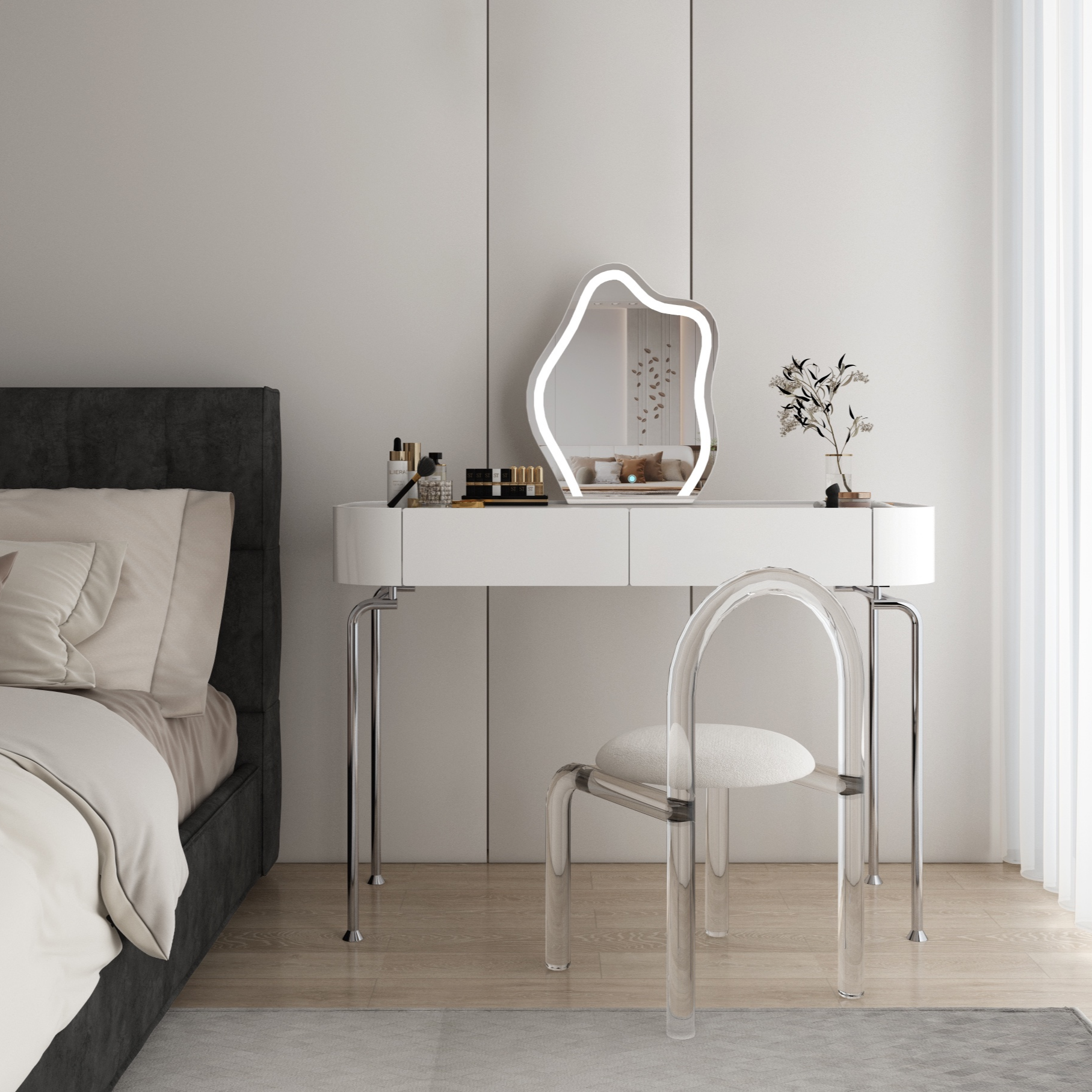 MDF Vanity Set for Sleeping Room with LED Lighting, Adjustable Touch and Brightness