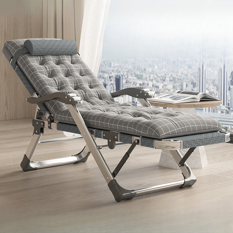Checkered Arm Recliner with Silver Legs, Space-saving Foldable Design, and Headrest
