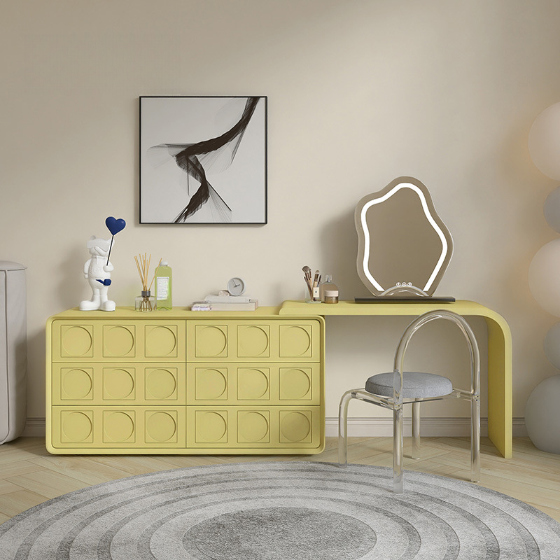 L-Shape Ground Makeup Vanity in Engineered Wood with Scalable Push-Pull Design