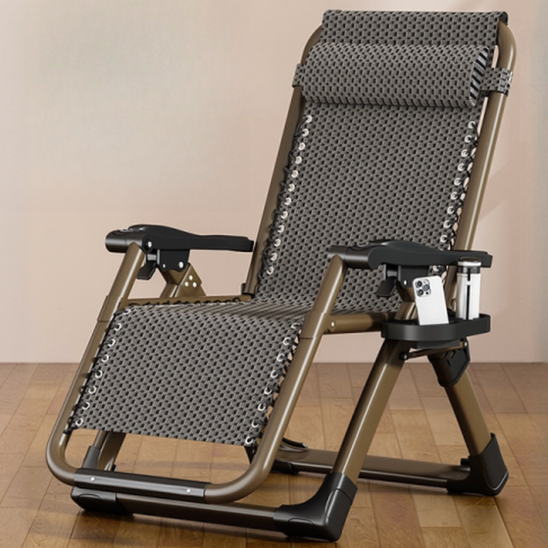 Sepia Alloy Non Rocking Reclining Deck Chair with Removable Cushion, Locking Back Angle, Headrest, and Cup Holder Storage
