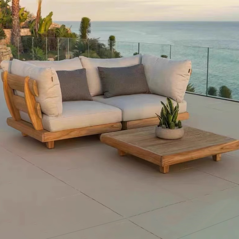 Trendy Teak Sofa for 1, Pillow, Tan Frame, UV Resistant, Cushion Included