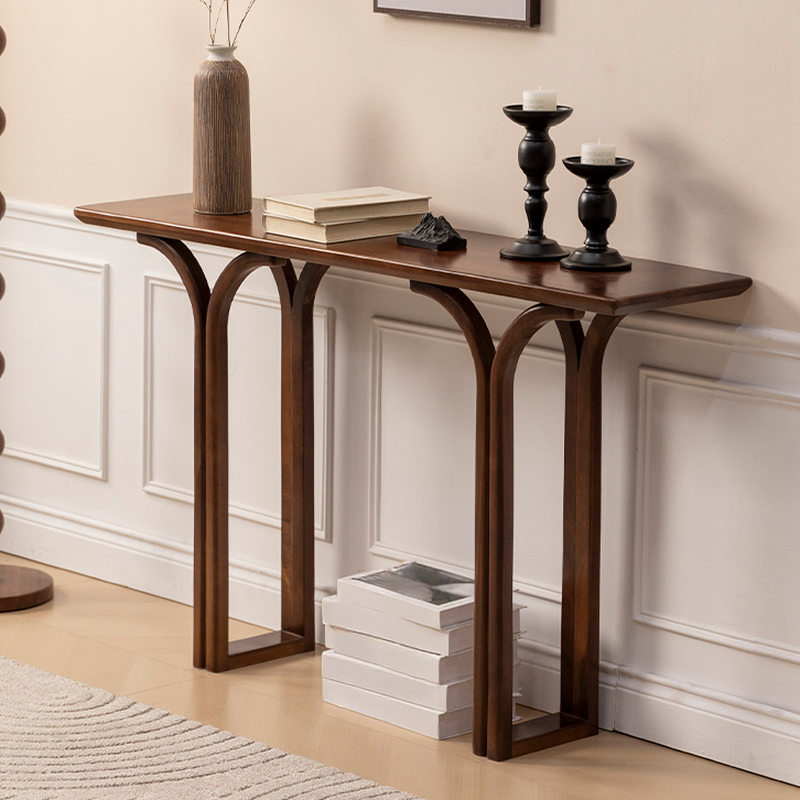 Nordic Style Lumber Rectangle Foyer Table with Twin Support Base in Ink/Cocoa