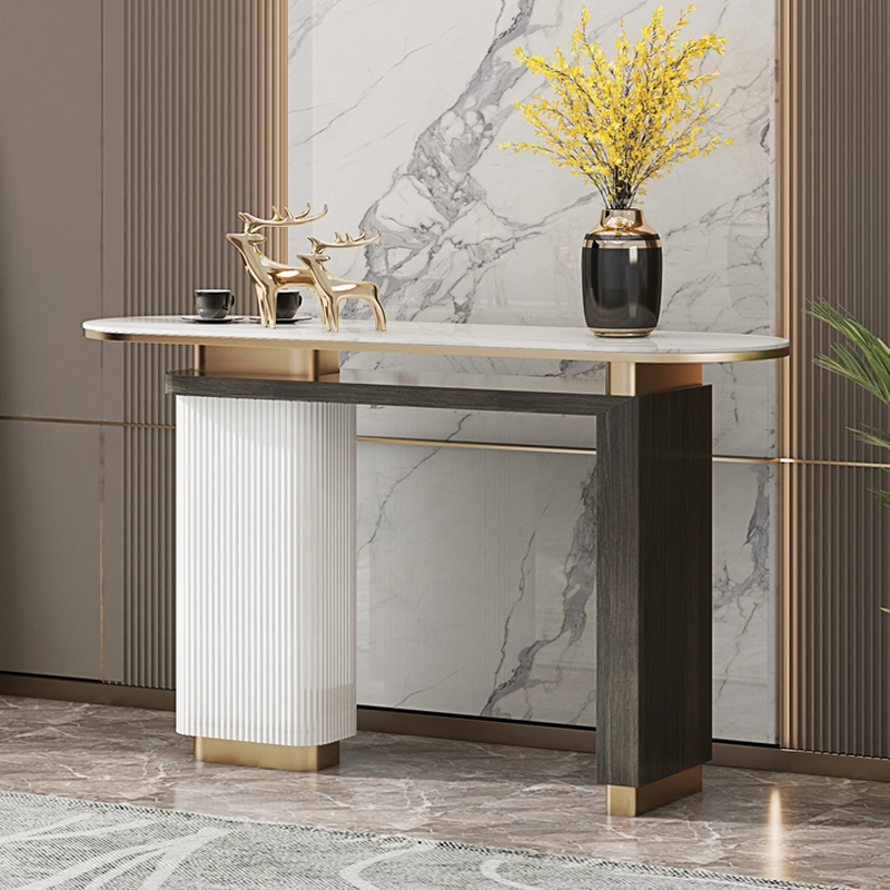 Modern White Elliptical Sintered Stone Foyer Table with Twin Support, Scratch-shielded and Stain Resistant