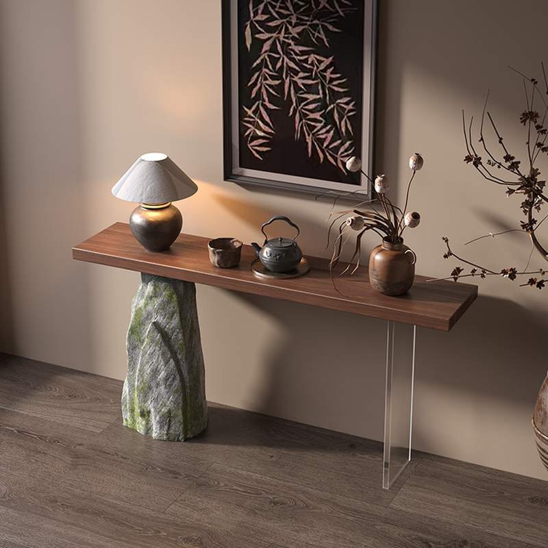 Modern Timber Console Desk with Twin Support Base in Cocoa Rectangle Shape