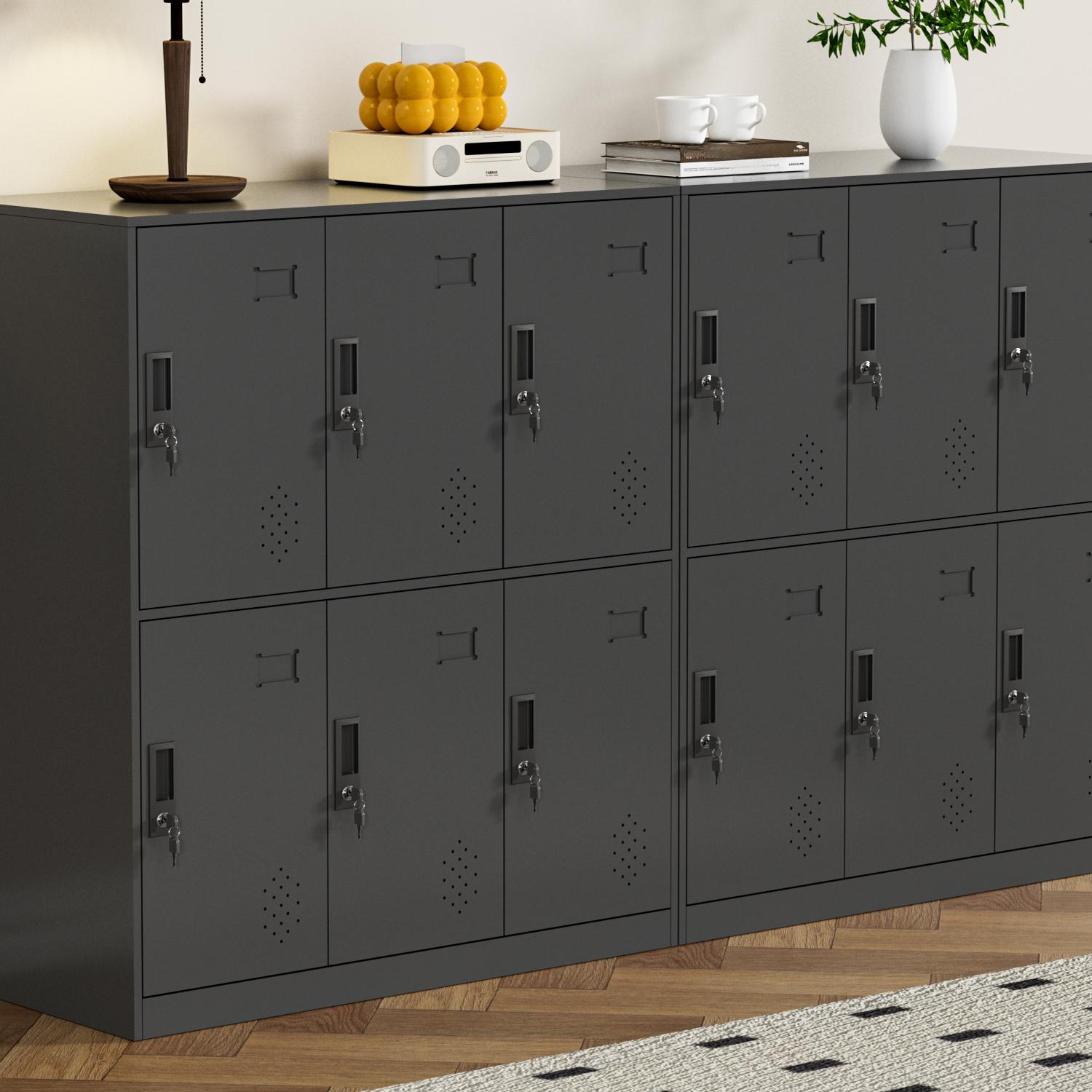 2 Tiers/3 Tiers x 3-Wide/2-Wide Steel Employee Lockers with Nine Compartments/6 Compartments/4 Compartments, Locker Base, Installation Required and Full Assembly Needed