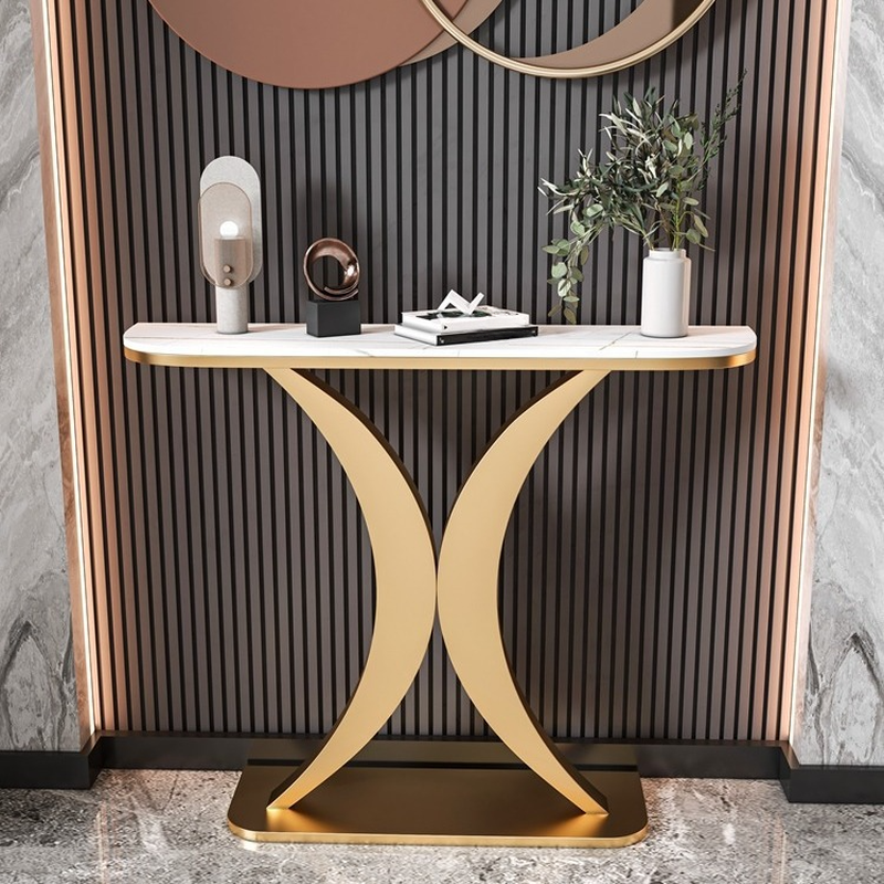 Art Deco/Modern Sintered Stone Console Desk with Pedestal Base, Scratch-shielded and Stain Resistant Semi Circle Shape