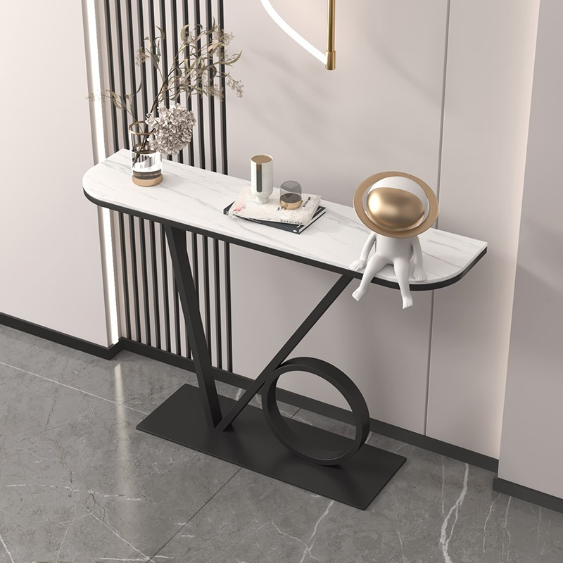 Modern Scratch-shielded Semi Circle Sintered Stone Foyer Table with Pedestal Base and Stain Resistance
