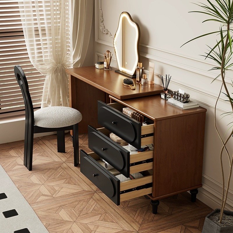 Midnight Black L-Shape Vanity Set with Rubberwood, Push-Pull, 2-in-1 Design for Sleeping Room