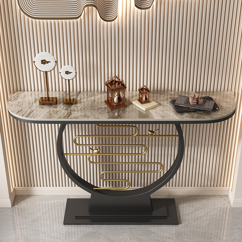 Modern Sintered Stone Pedestal Foyer Table, Scratch-shielded Free Form Top, Stain Resistant