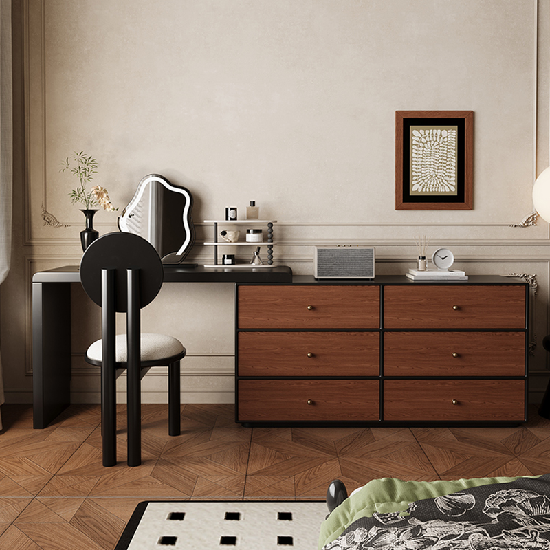 Midnight Black L-Shape Vanity Set for Sleeping Room with Solid+Engineered Wood, Push-Pull, 2-in-1 Features