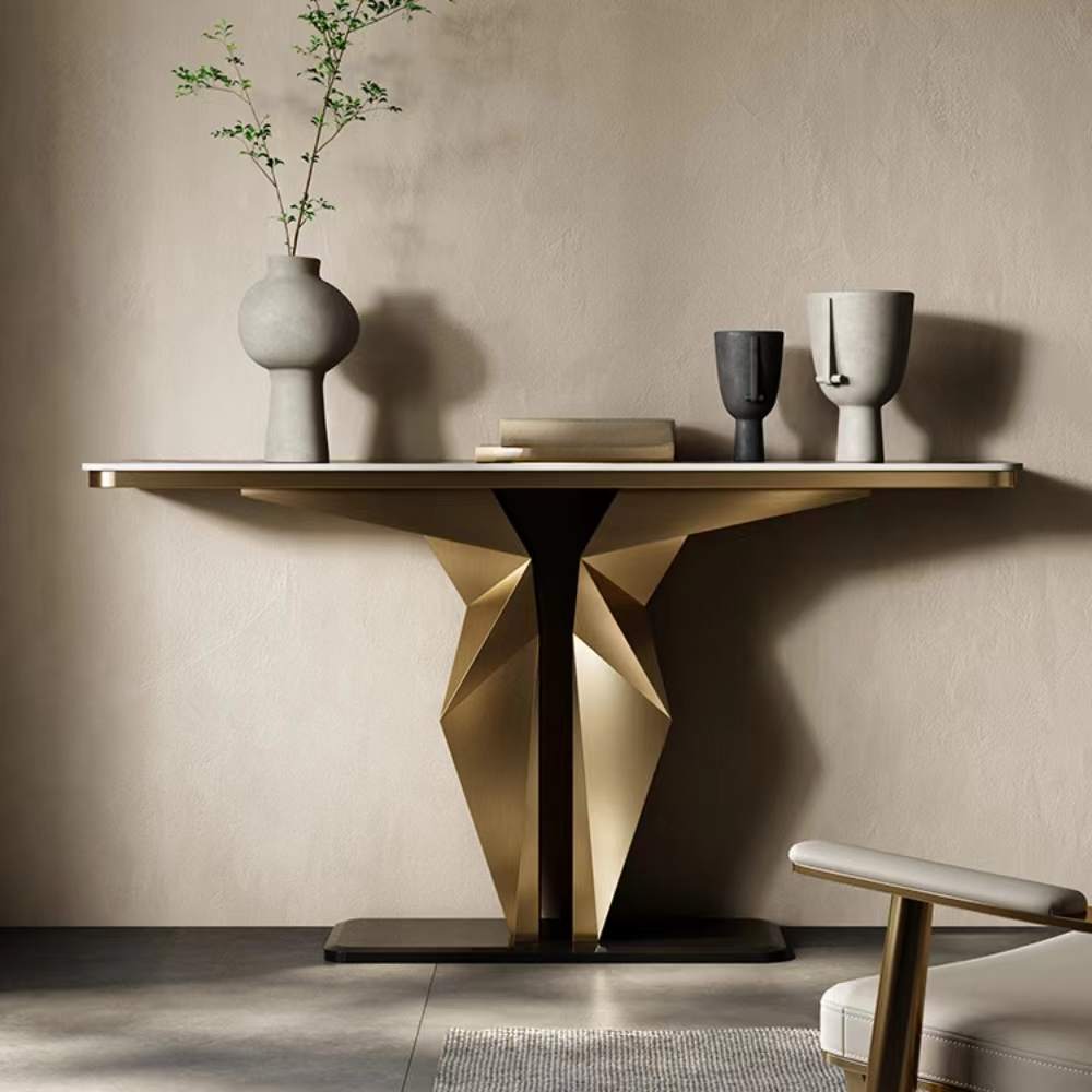 Modern/Art Deco White Sintered Stone Pedestal Console Desk, Scratch-shielded, Rectangle Top, Stain Resistant