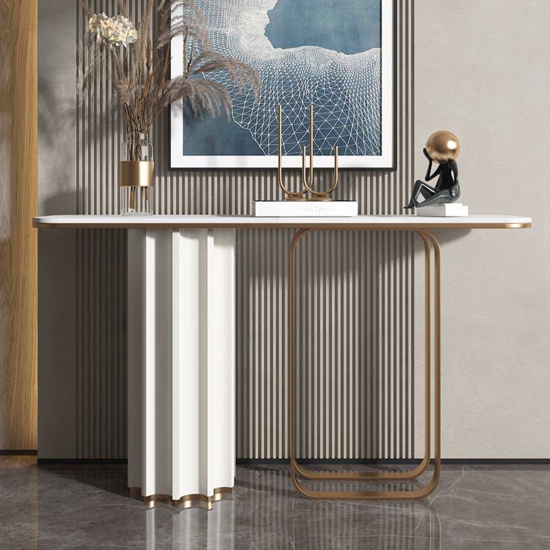 Minimalist White Stone Rectangle Entryway Table with Twin Support, Scratch-durable and Stain Resistant