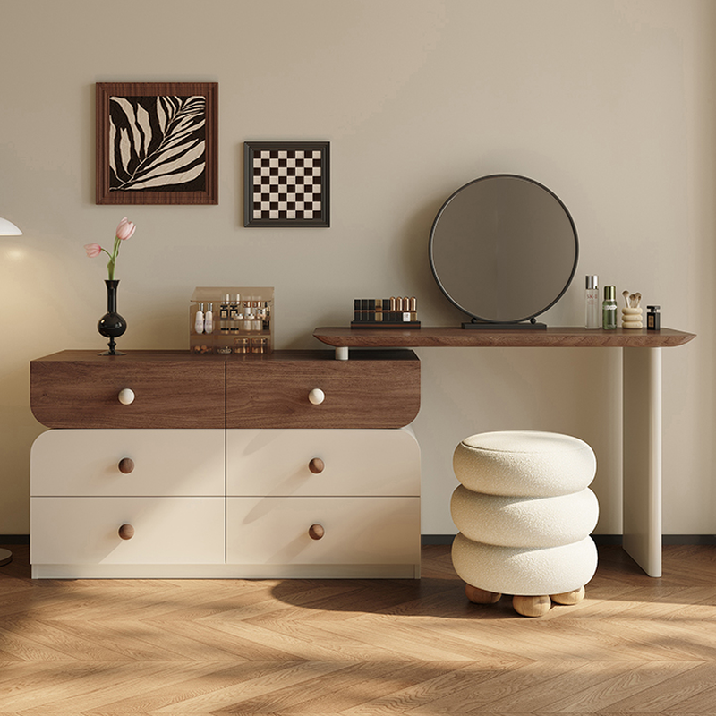 Sepia L-Shape Vanity Set for Sleeping Room with Solid+Engineered Wood, Scalable, Push-Pull, 2-in-1 Features