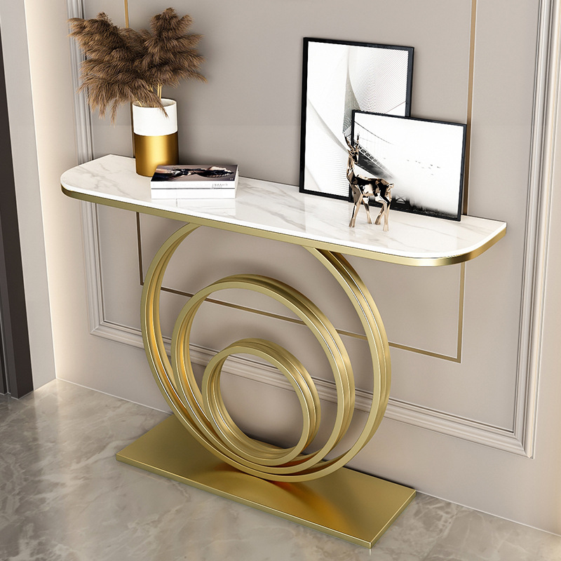 Modern Sintered Stone Curved Foyer Table with Geometric Base