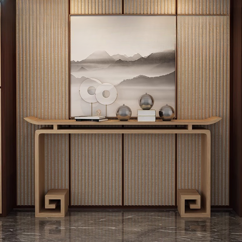 Modern Natural Wood Rectangular Foyer Table with Twin Support Base in Natural Colour