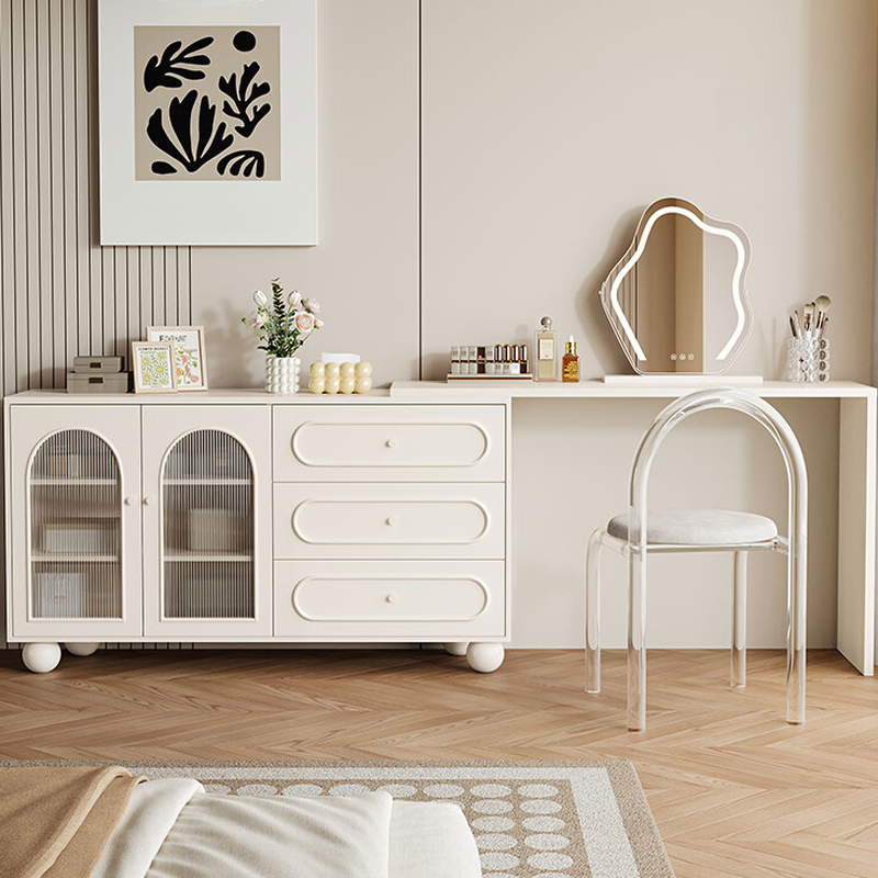 Push-Pull Solid+Composite Wood L-Shape Scalable Vanity Set/Makeup Vanity with Gate for Sleeping Quarters, 2-in-1