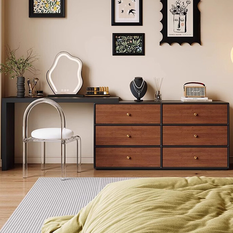 Sepia L-Shape Makeup Vanity for Sleeping Room with Solid+Engineered Wood, Push-Pull, and 2-in-1 Features