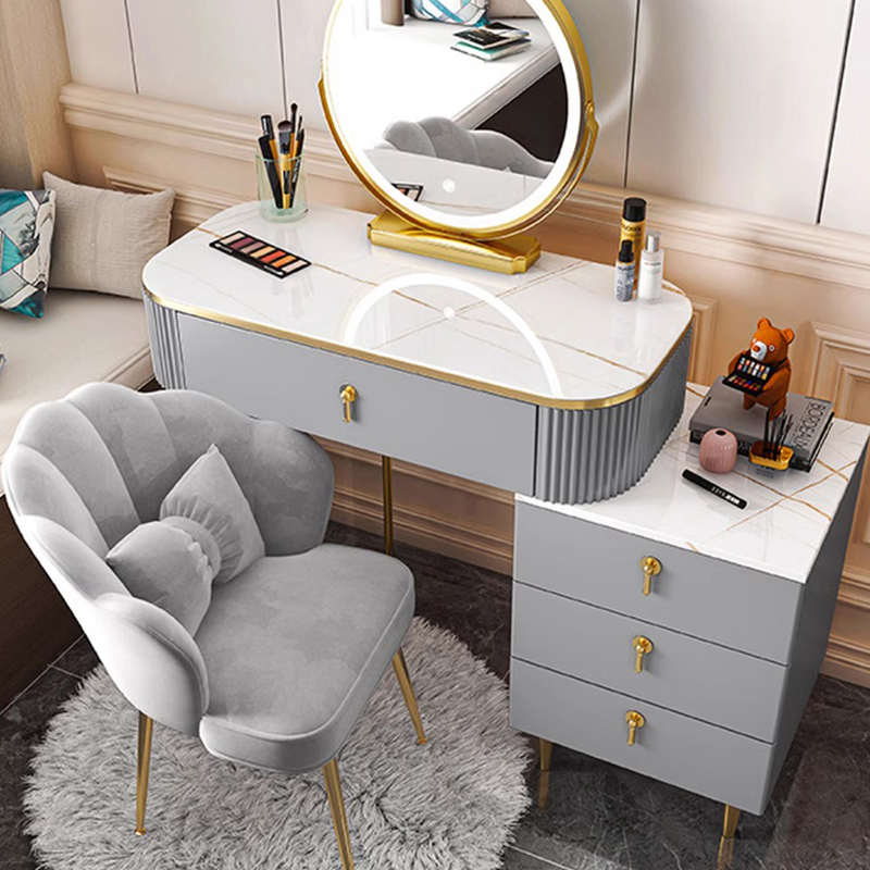 L-Shape Sleeping Room Vanity Set with Natural Wood, Scalable Push-Pull 2-in-1 Design