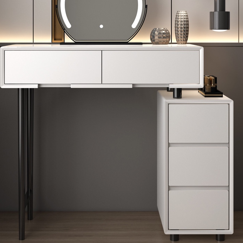 L-Shape Vanity Set for Sleeping Room with Midnight Black Upholstery, Push-Pull Functionality, and 2-in-1 Design