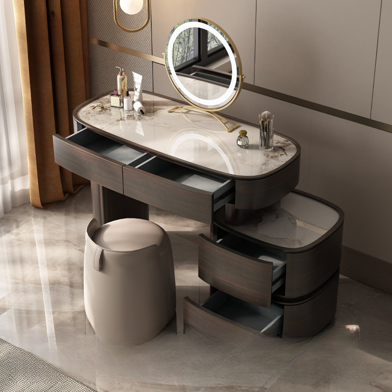 L-Shape Natural Wood Scalable 2-in-1 Vanity Set for Sleeping Room with Push-Pull Feature