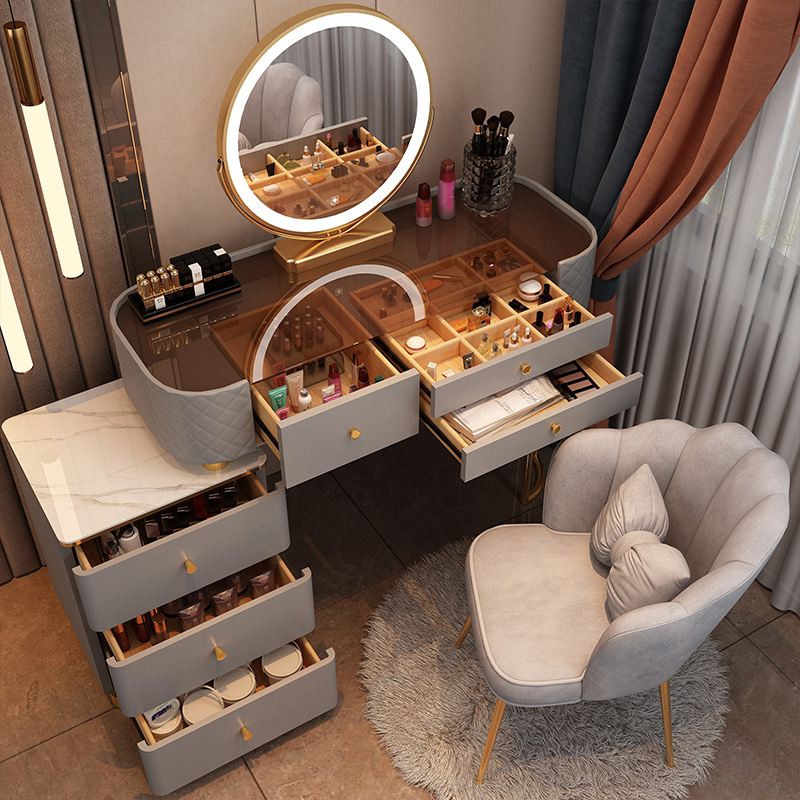 Multi-Purpose Vanity Set with Metallic Seating, LED Lighting, Scalable, and Adjustable Touch Brightness